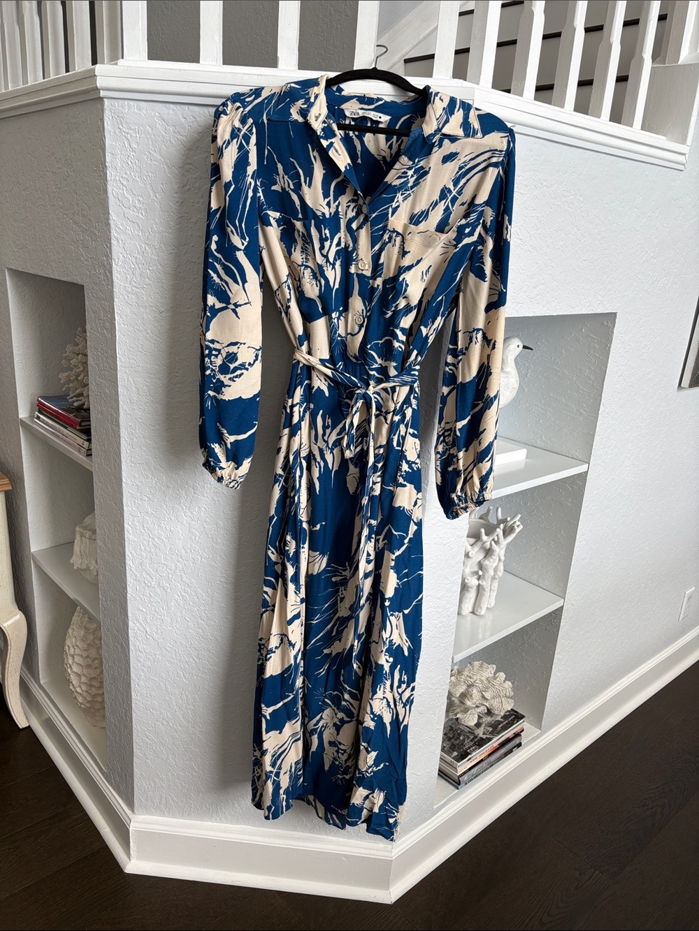 Zara Blue and Cream Abstract Tie-Waist Maxi Dress